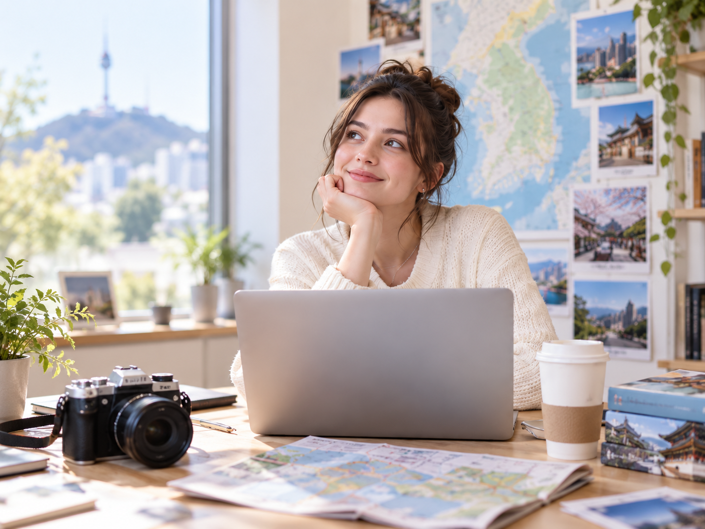 Traveler planning a Korea trip on a laptop
