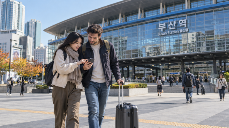 International travelers arriving outside Busan Station with luggage