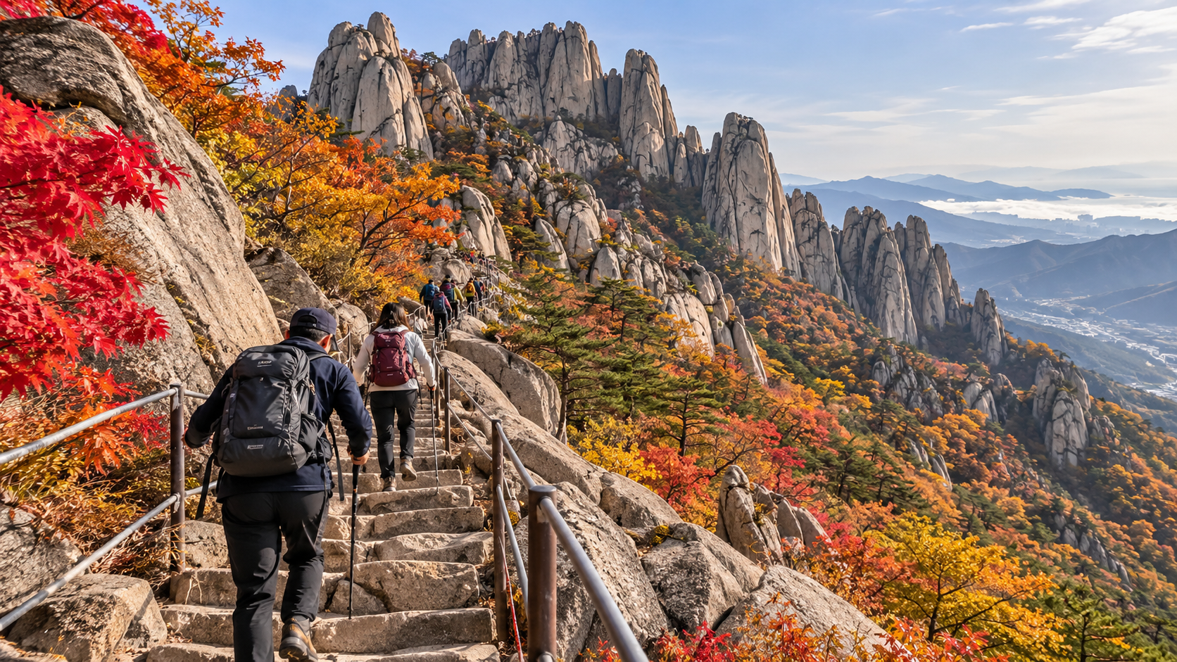 Hikers climbing toward Ulsanbawi during autumn in Seoraksan