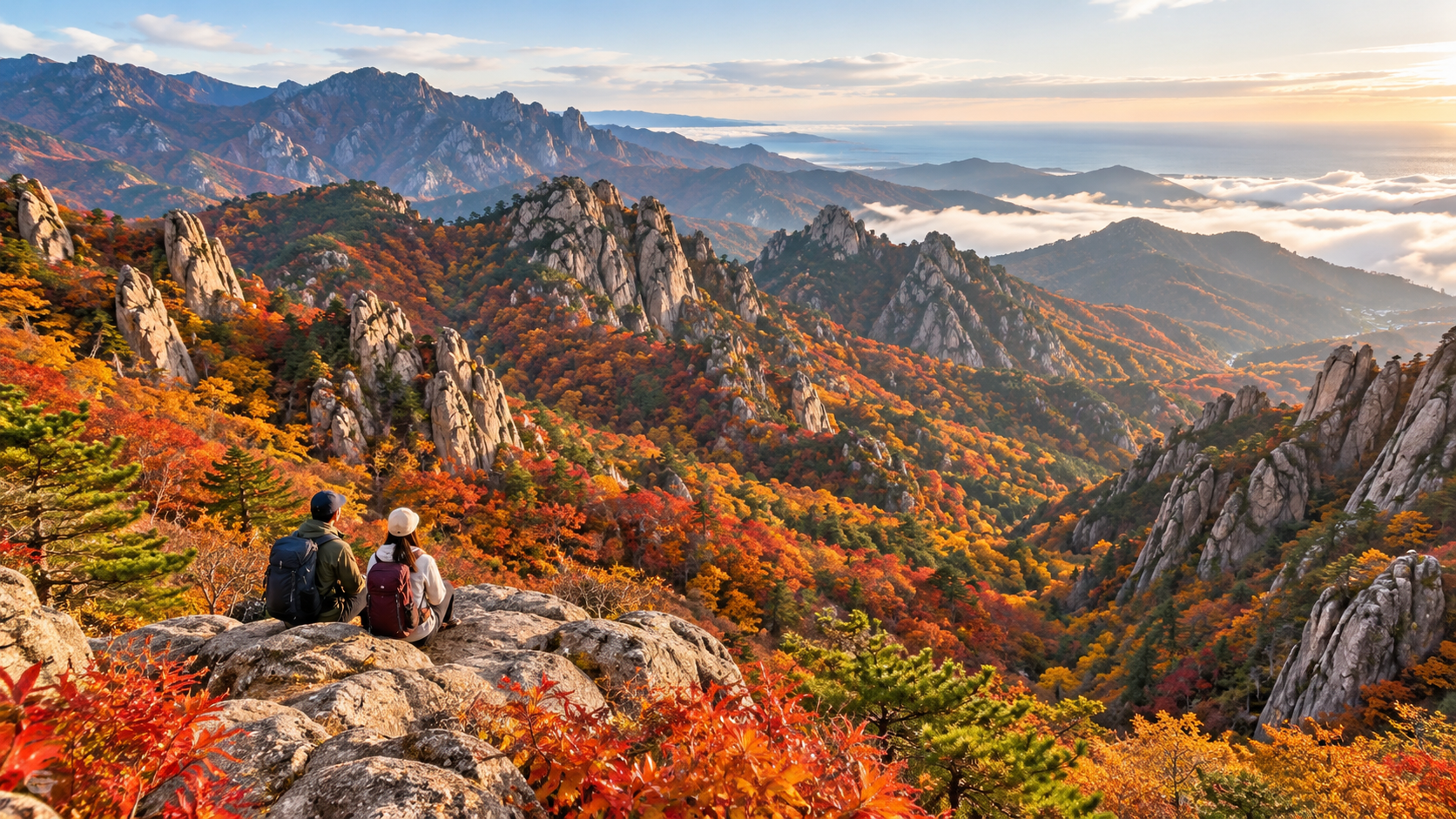 Autumn foliage across Seoraksan National Park with travelers overlooking the mountain