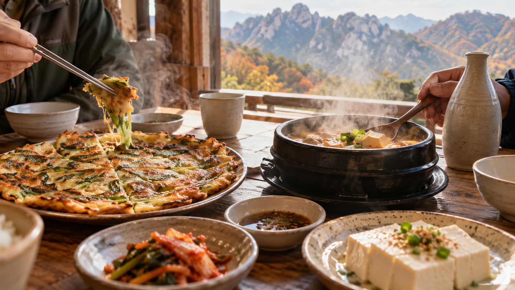 Warm Korean food served after hiking in Seoraksan