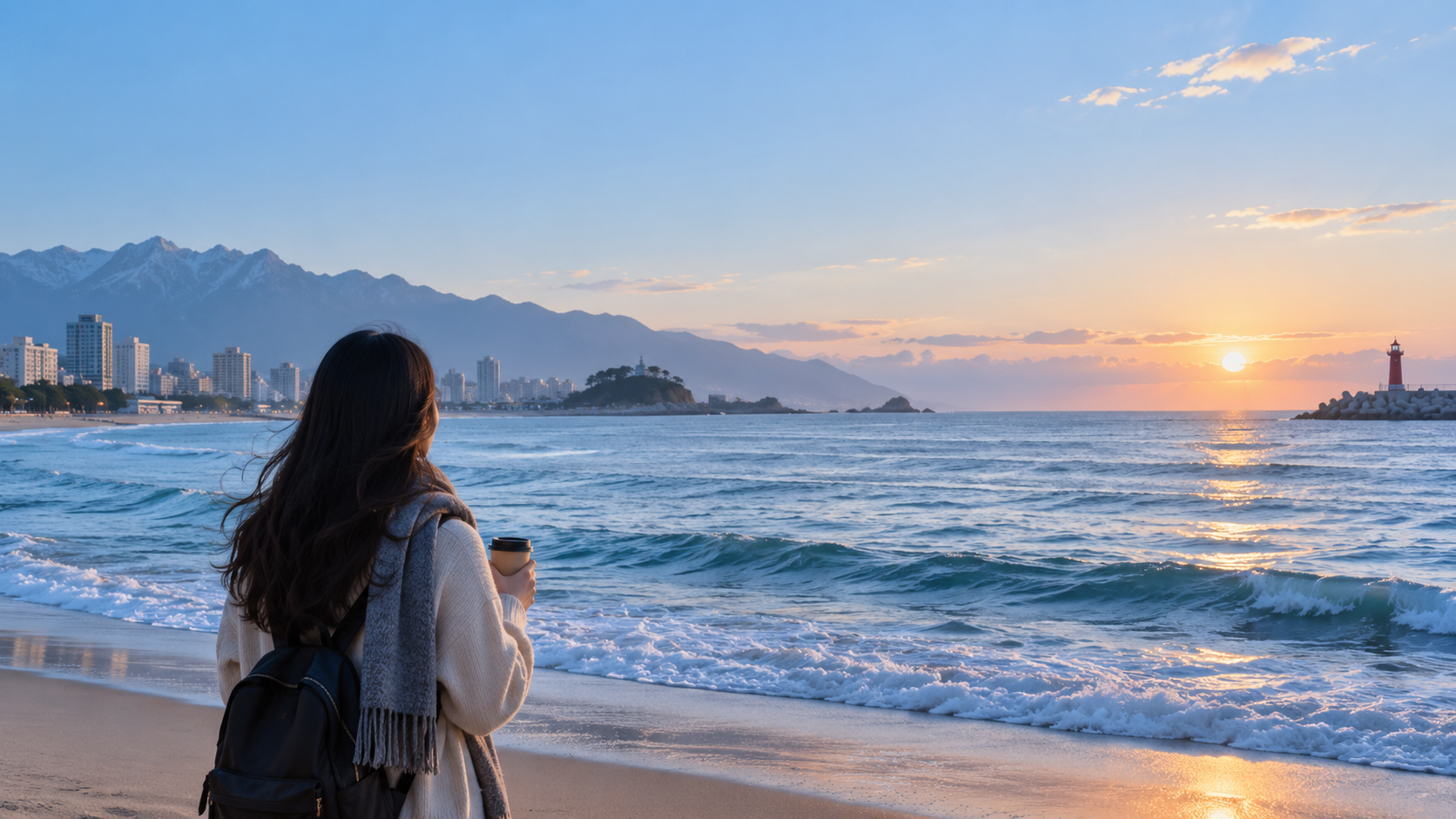 Traveler watching the East Sea from Sokcho Beach the morning after Seoraksan