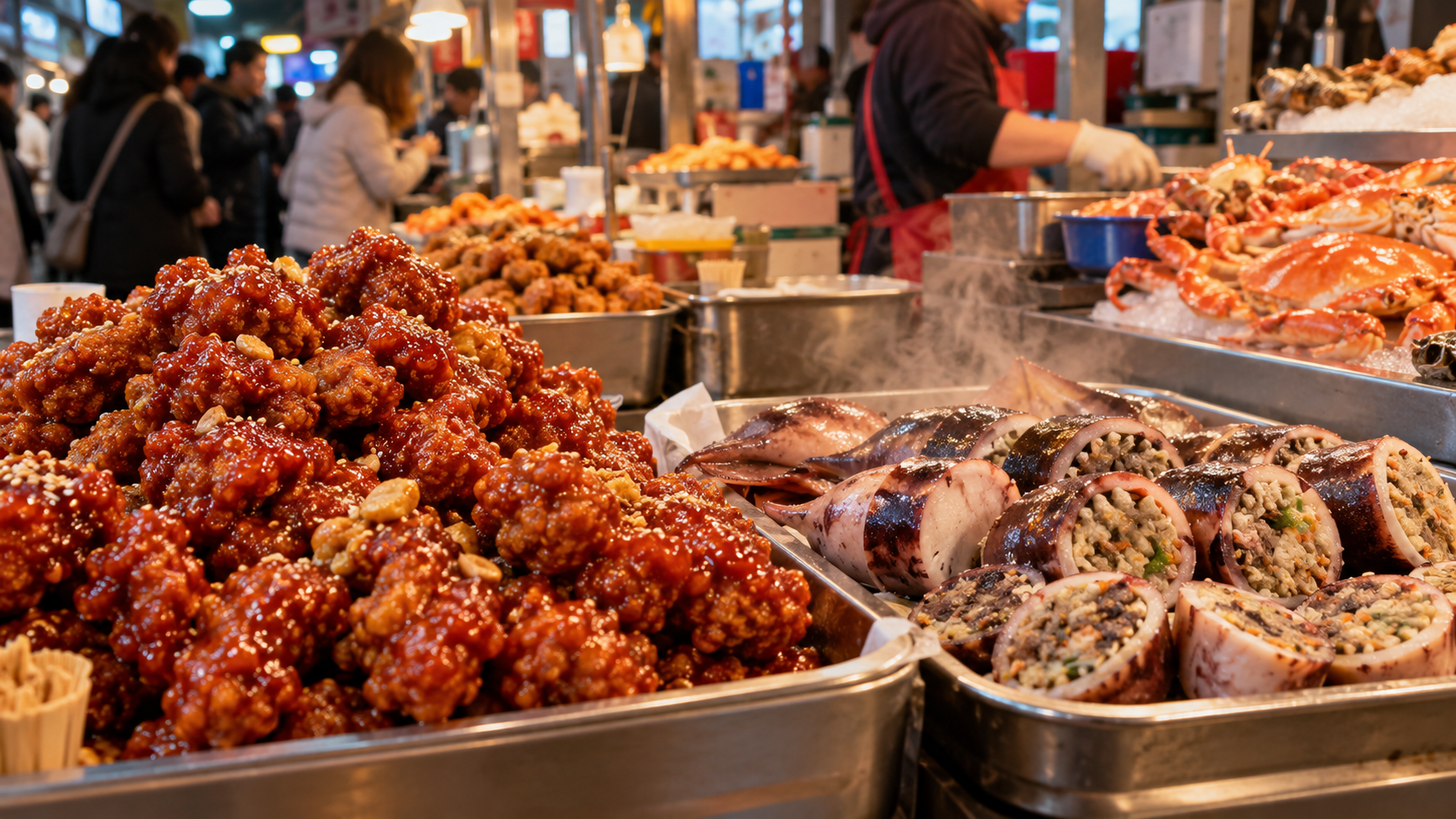 Sokcho market food including dakgangjeong and ojingeo sundae