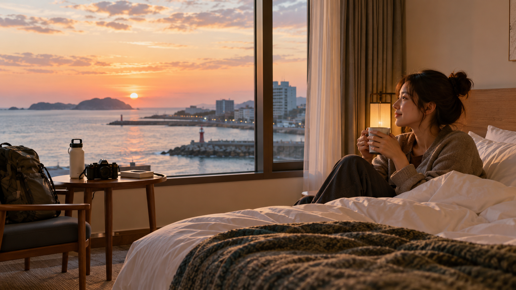Traveler relaxing at a Sokcho stay after a day at Seoraksan