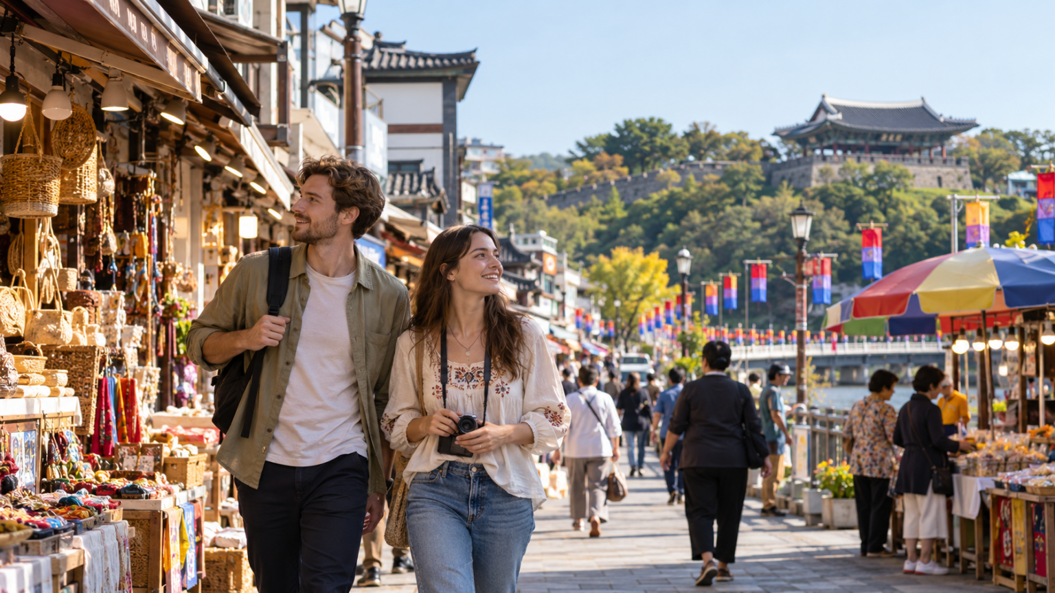 Travelers exploring central Jinju before the lantern festival