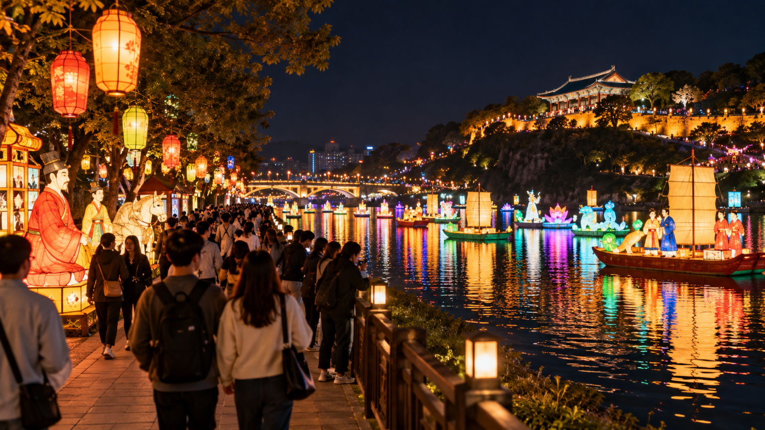Visitors walking along the Namgang River during the Jinju lantern festival at night