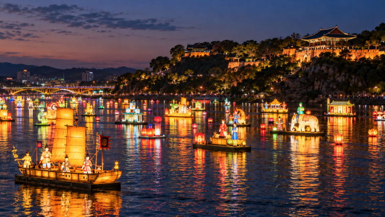 Jinju Namgang Yudeung Festival lanterns glowing over the Namgang River at night